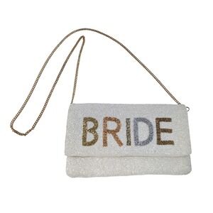 Beaded‎ BRIDE Crossbody Bag White Canvas Gold Chain Wedding Bachelorette